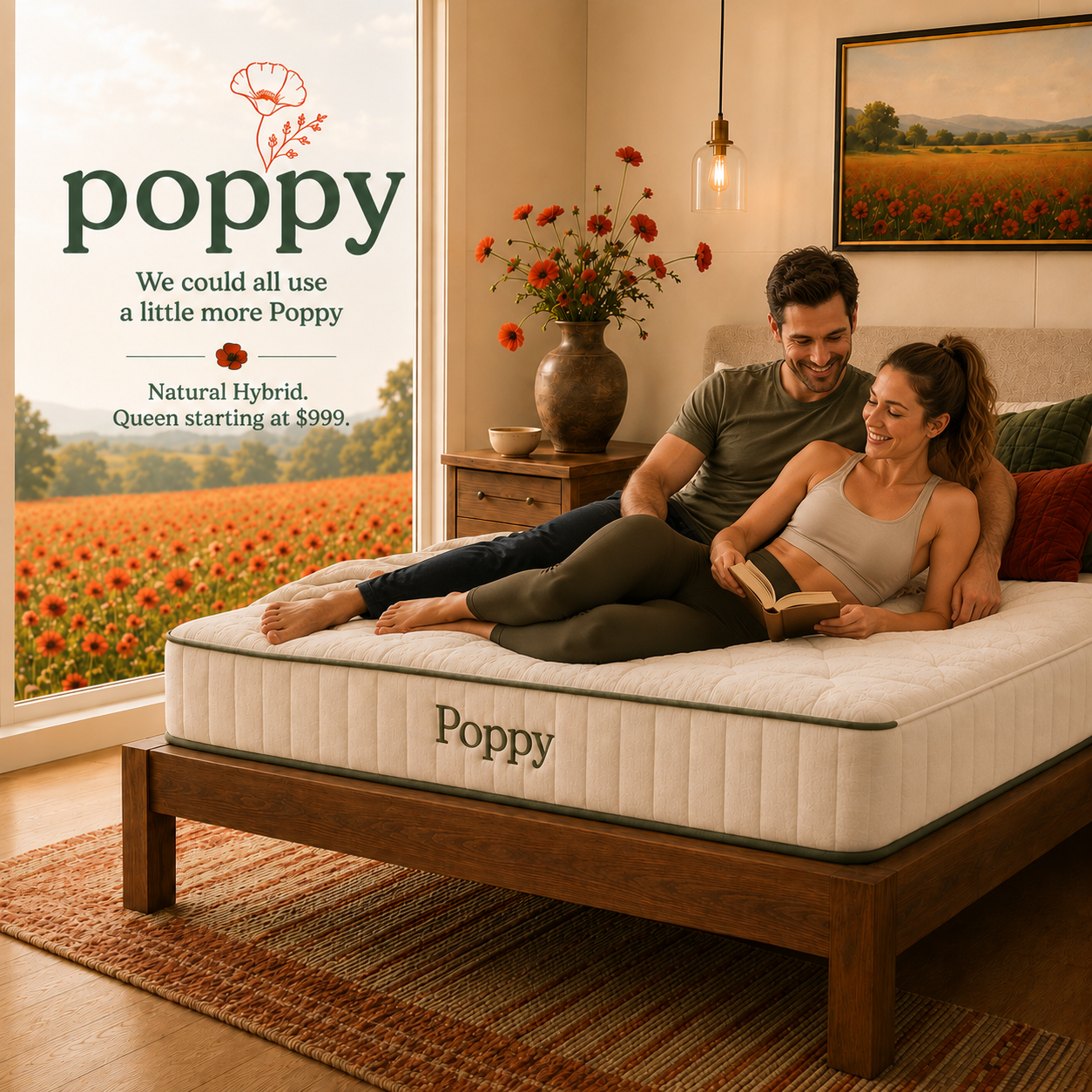 Couple relaxing on a Poppy natural hybrid mattress overlooking a poppy field